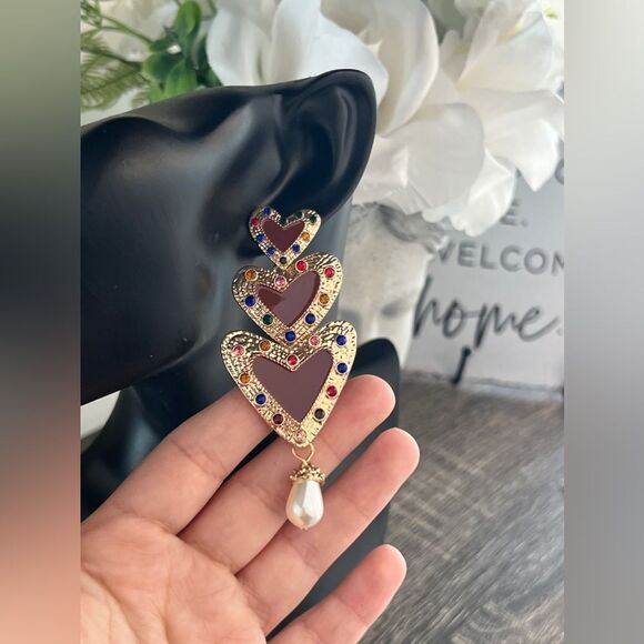 Bold Multi-Heart Statement Earrings with Colorful Gems and Pearl Drop - Picture 4 of 7